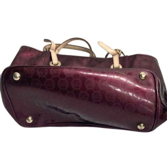 Michael Kors Burgundy Shoulder Patent Tote Bag With MK Monogram Purse - Picture 2 of 5
